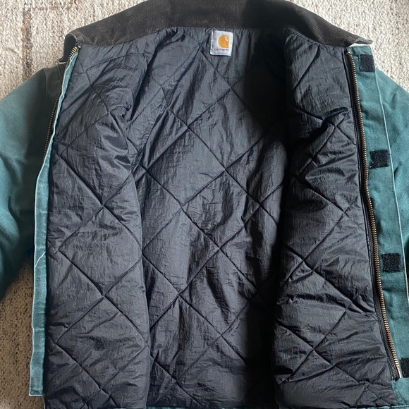🍒V I N T A G E Carhartt Teal Duck Work Jacket with Dark Corduroy Collar R A R E - Picture 7 of 10